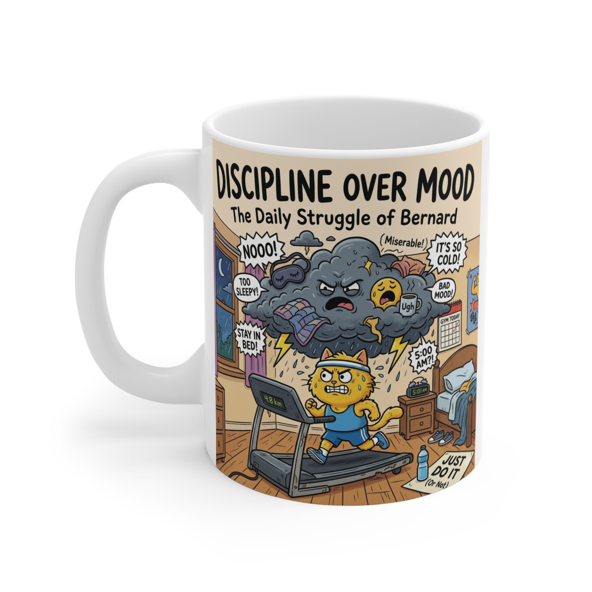 Cute workout cat mug with Discipline Over Mood slogan printed on an 11oz ceramic coffee cup, perfect for gym lovers and entrepreneurs.