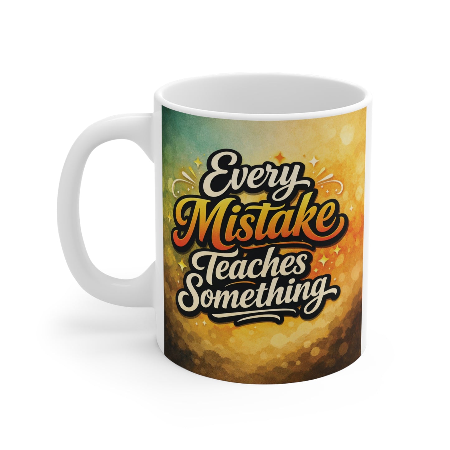 Stylish inspirational coffee cup with uplifting learning quote and vibrant artistic background for daily encouragement