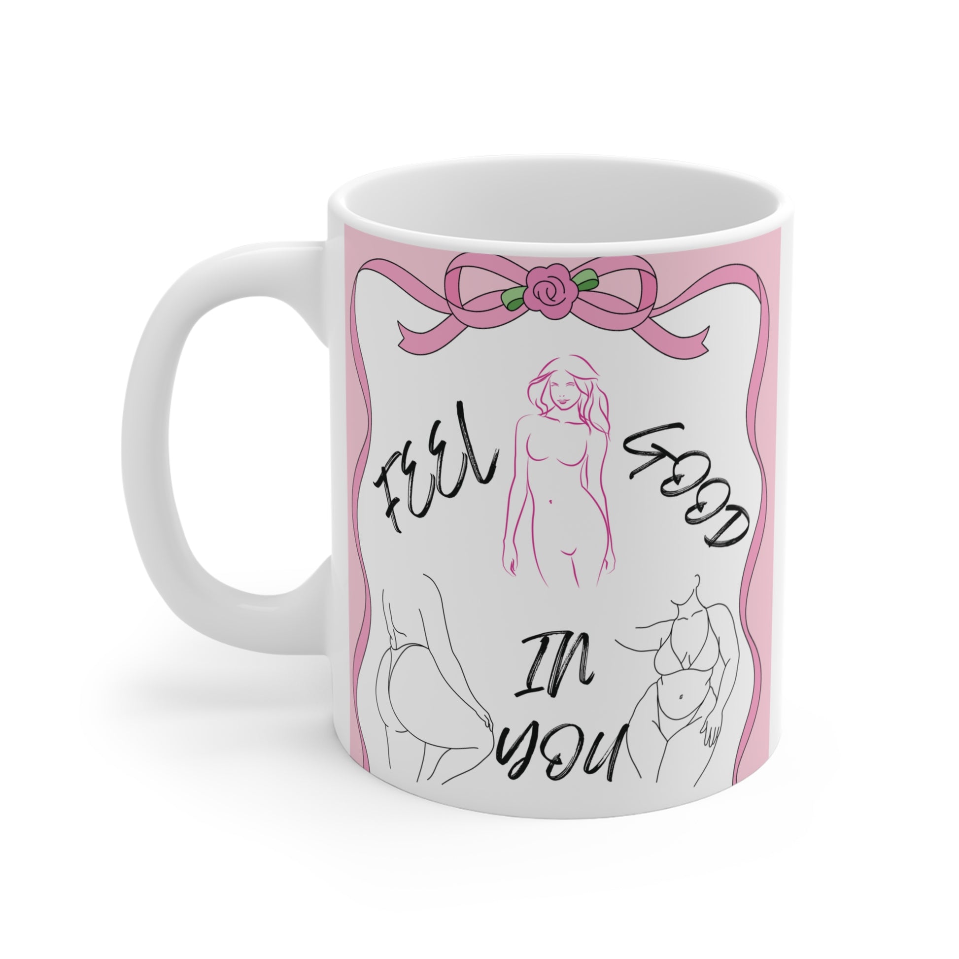 Feel good in your body mug with minimalist female line art, self love body positivity coffee cup gift for women