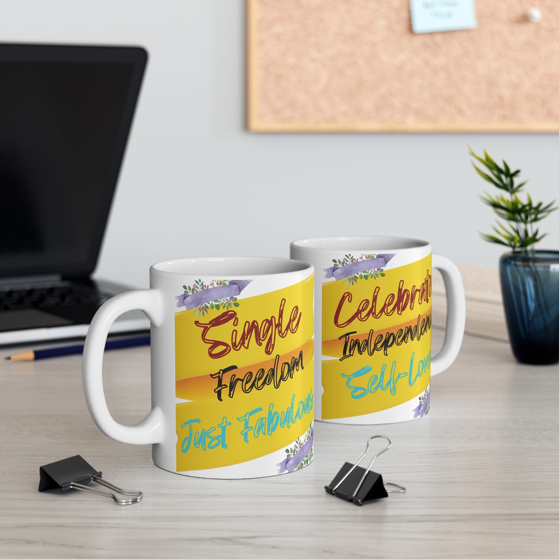 "Single Freedom Just Fabulous” slogan mug with bright design, motivational self-love coffee cup
