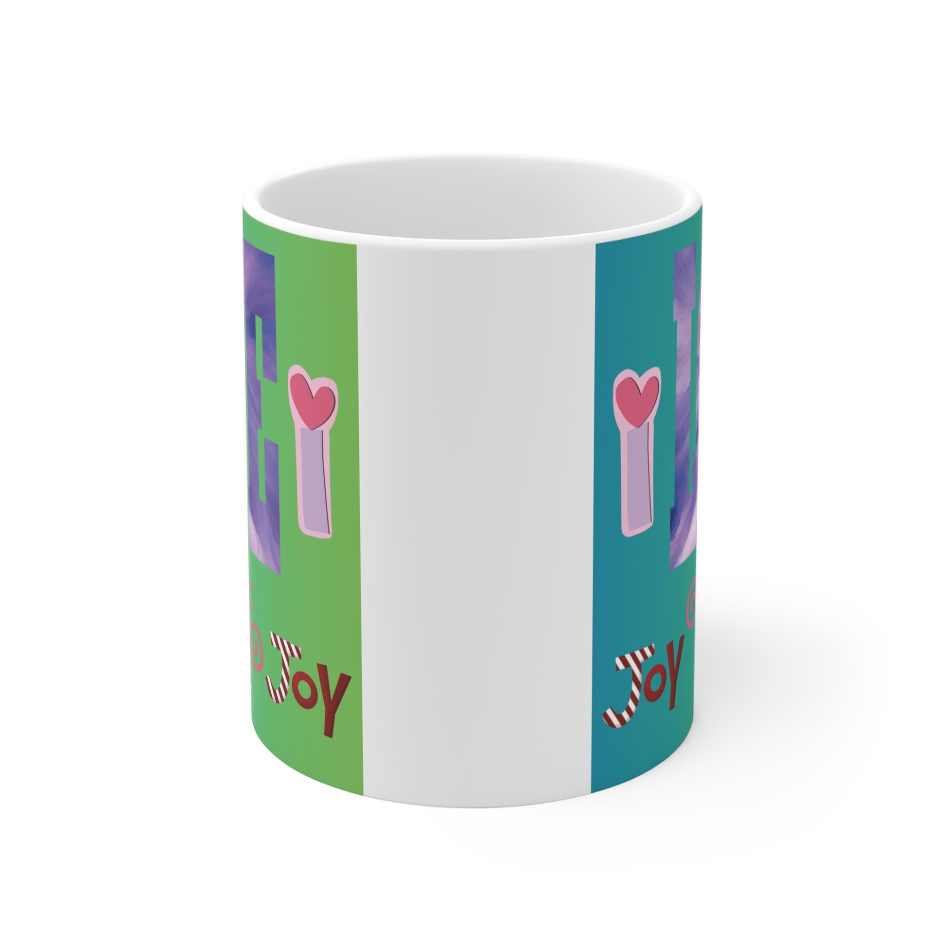Inspirational LOVE mug with artistic female face, joy and peace text, modern aesthetic gradient coffee mug design