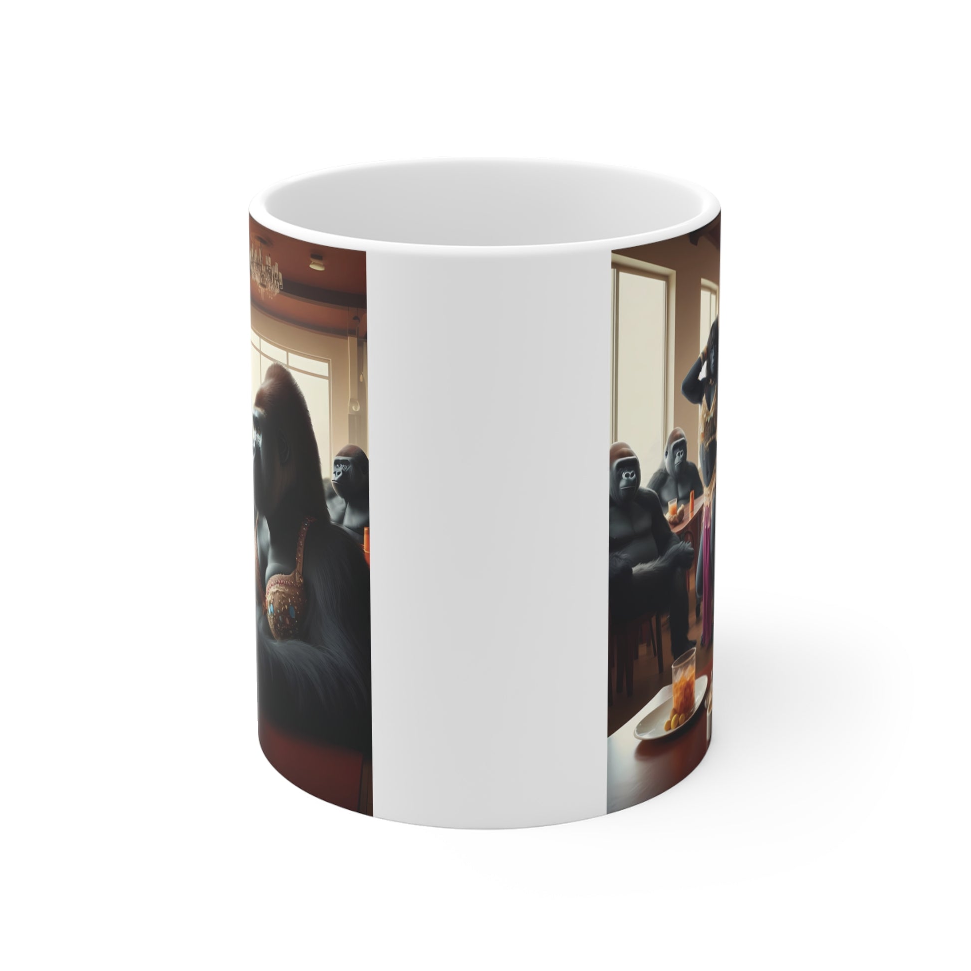 Unique gorilla coffee mug featuring belly dancer and seated apes in an elegant dining room design