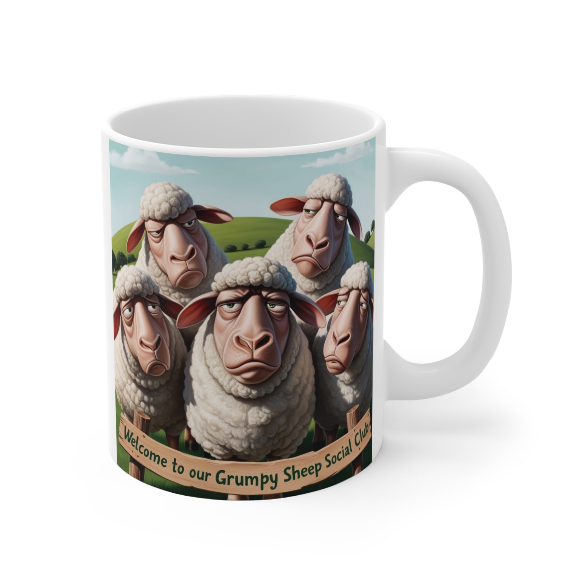 Cute but grumpy sheep mug design with expressive sheep faces and ‘Welcome to our Grumpy Sheep Social Club’ text”
