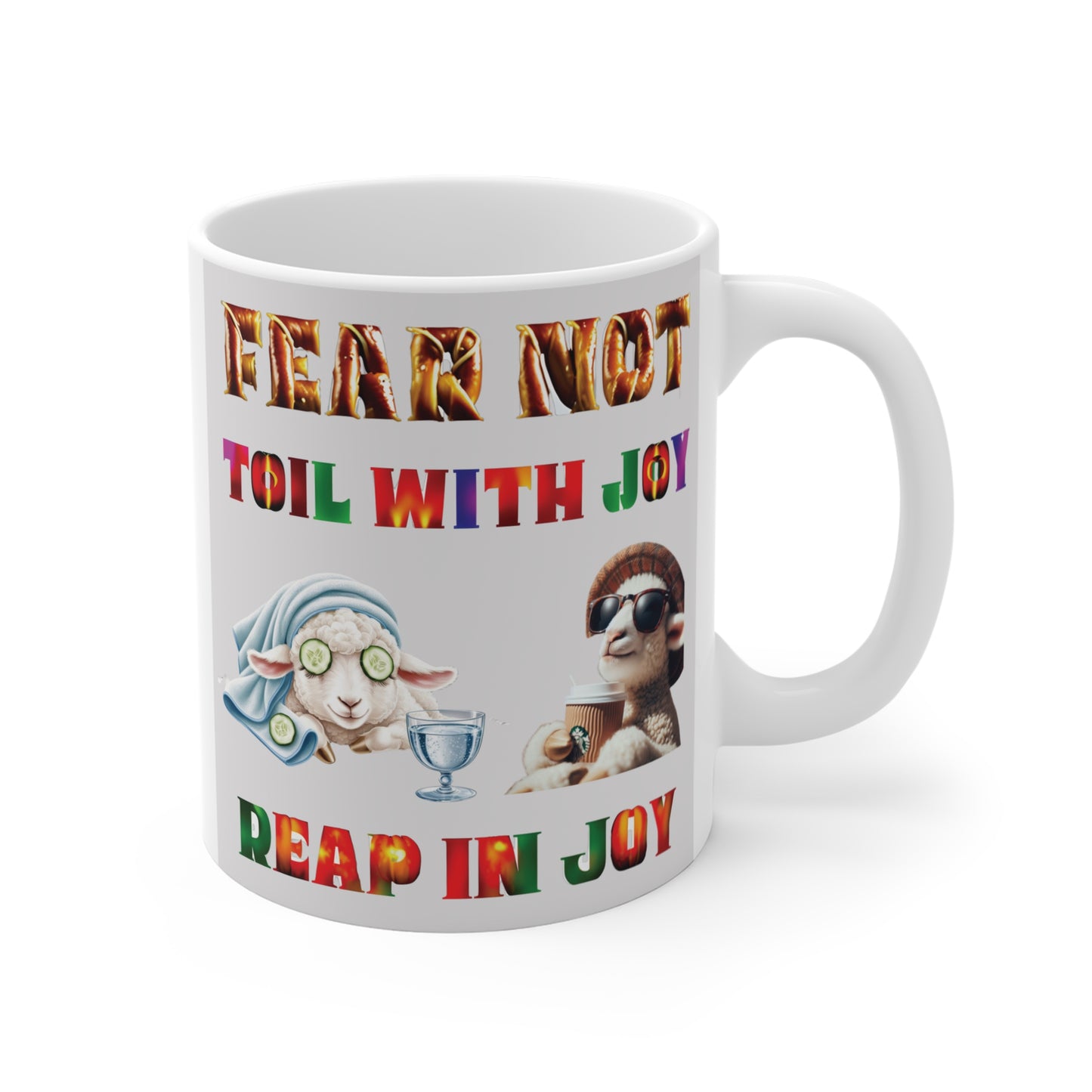 Cute religious mug with sheep in spa and sunglasses drinking coffee, motivational Christian quote, and playful design