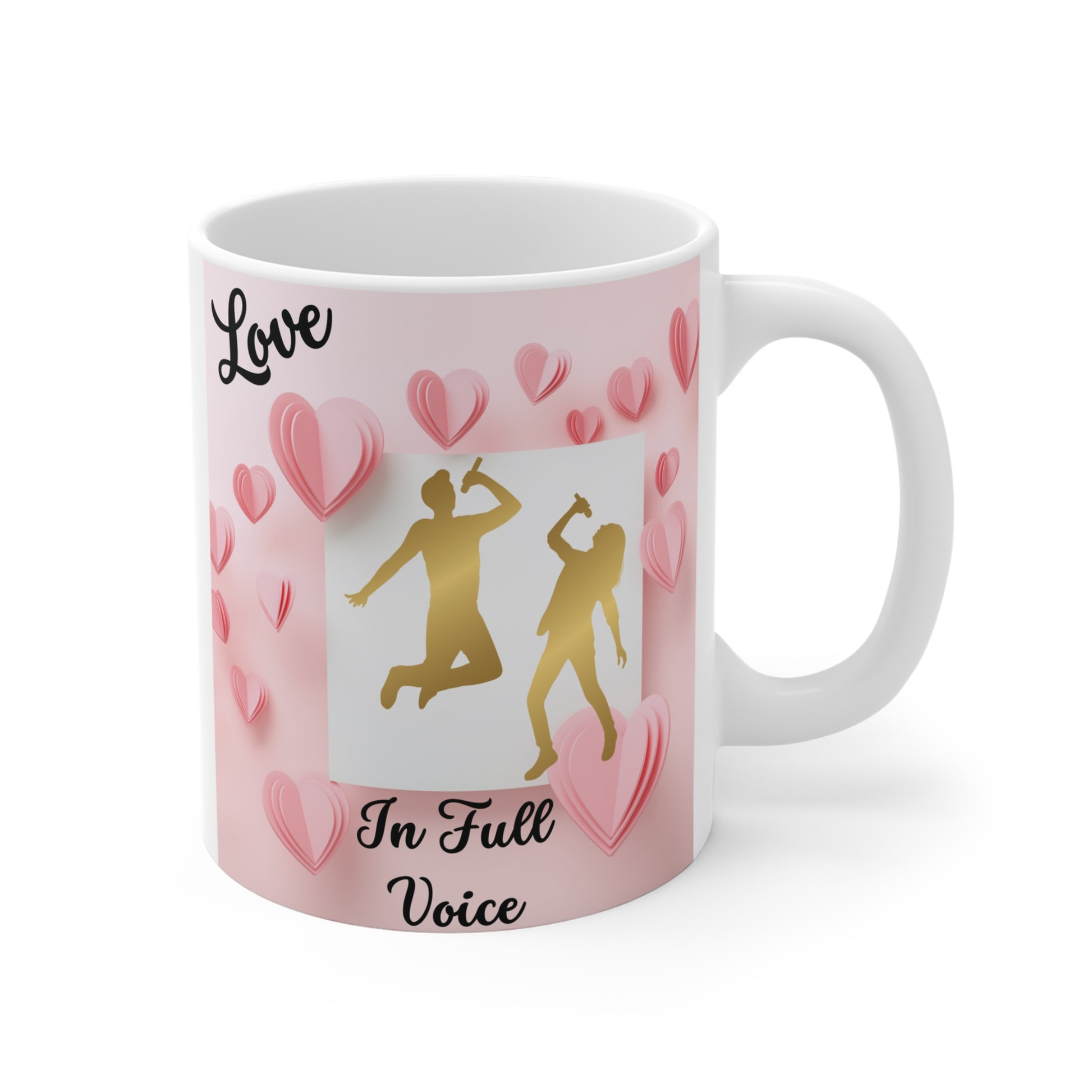 Cute pink heart mug with couple singing design, love themed coffee cup for couples and singers