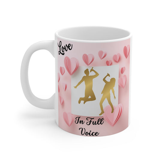 Romantic love mug with singing couple silhouette and hearts, ‘In Full Voice’ Valentine gift for music lovers