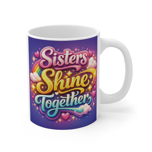 Colorful Sisters Shine Together 11oz ceramic coffee mug featuring vibrant hand-lettered typography on a purple background.
