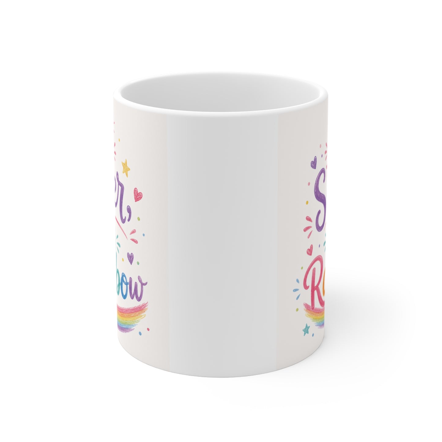 Cute My Sister My Rainbow ceramic coffee mug with colorful typography and rainbow design, perfect gift for sisters.