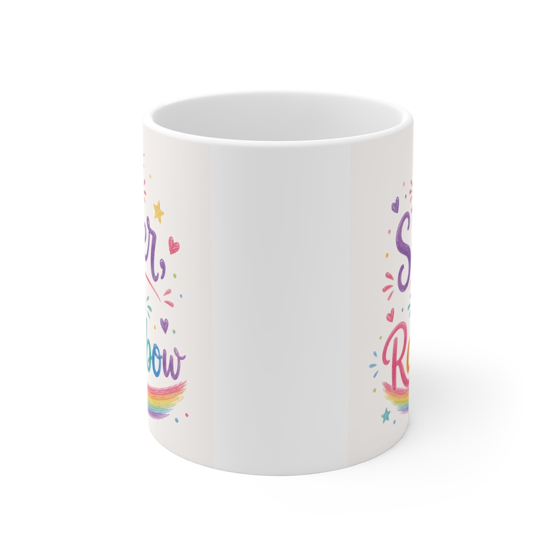 Cute My Sister My Rainbow ceramic coffee mug with colorful typography and rainbow design, perfect gift for sisters.