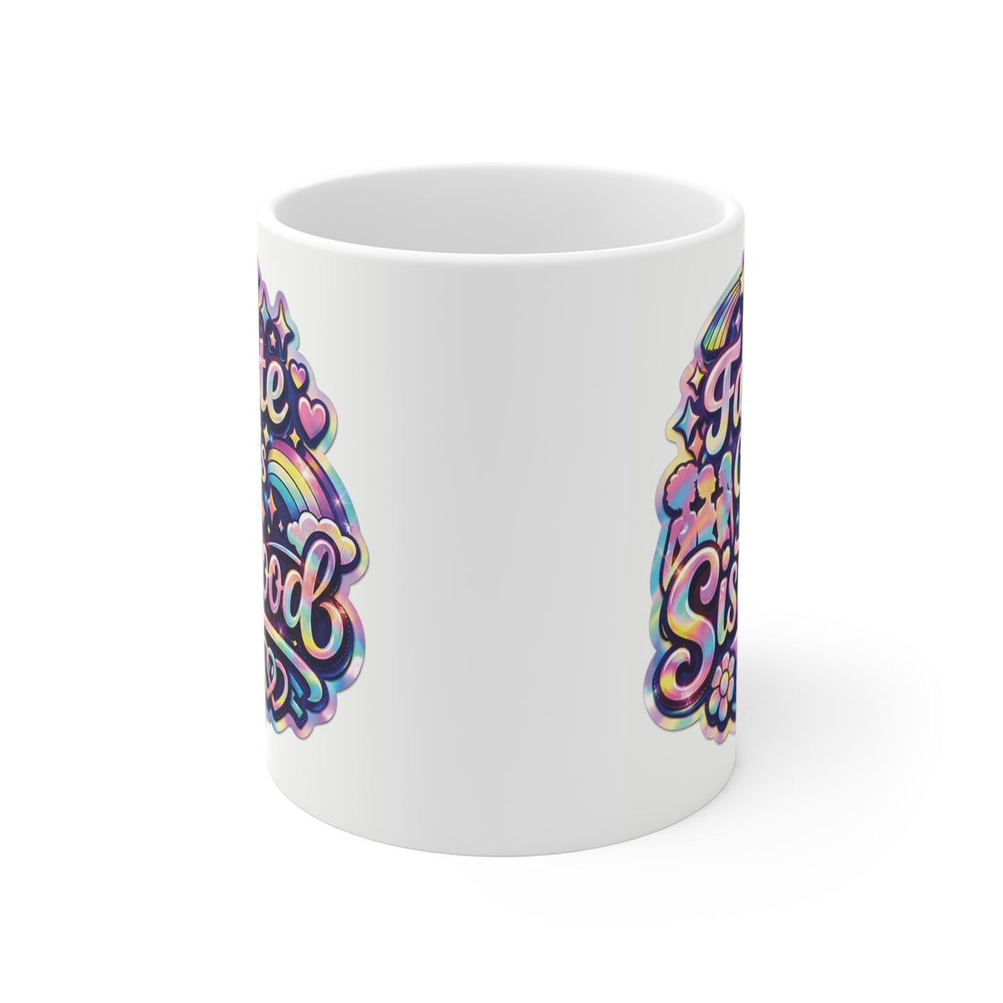 Cute sister gift coffee mug with colorful vintage lettering, flowers, hearts, and rainbow artwork on a white ceramic mug.