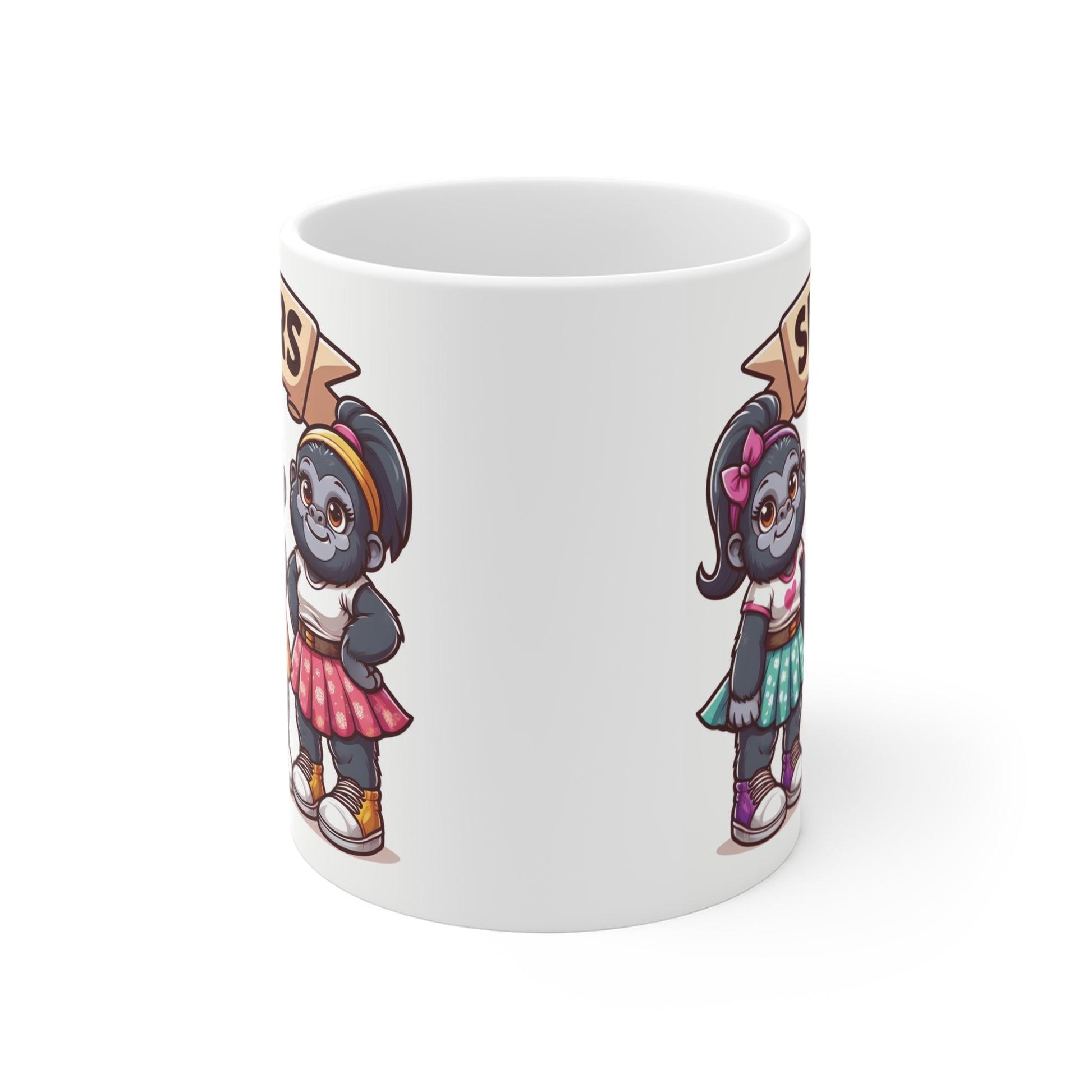 Adorable sisters themed 11oz coffee mug with kawaii gorilla characters, floral headbands, pastel outfits, and fun family friendship artwork gift idea.