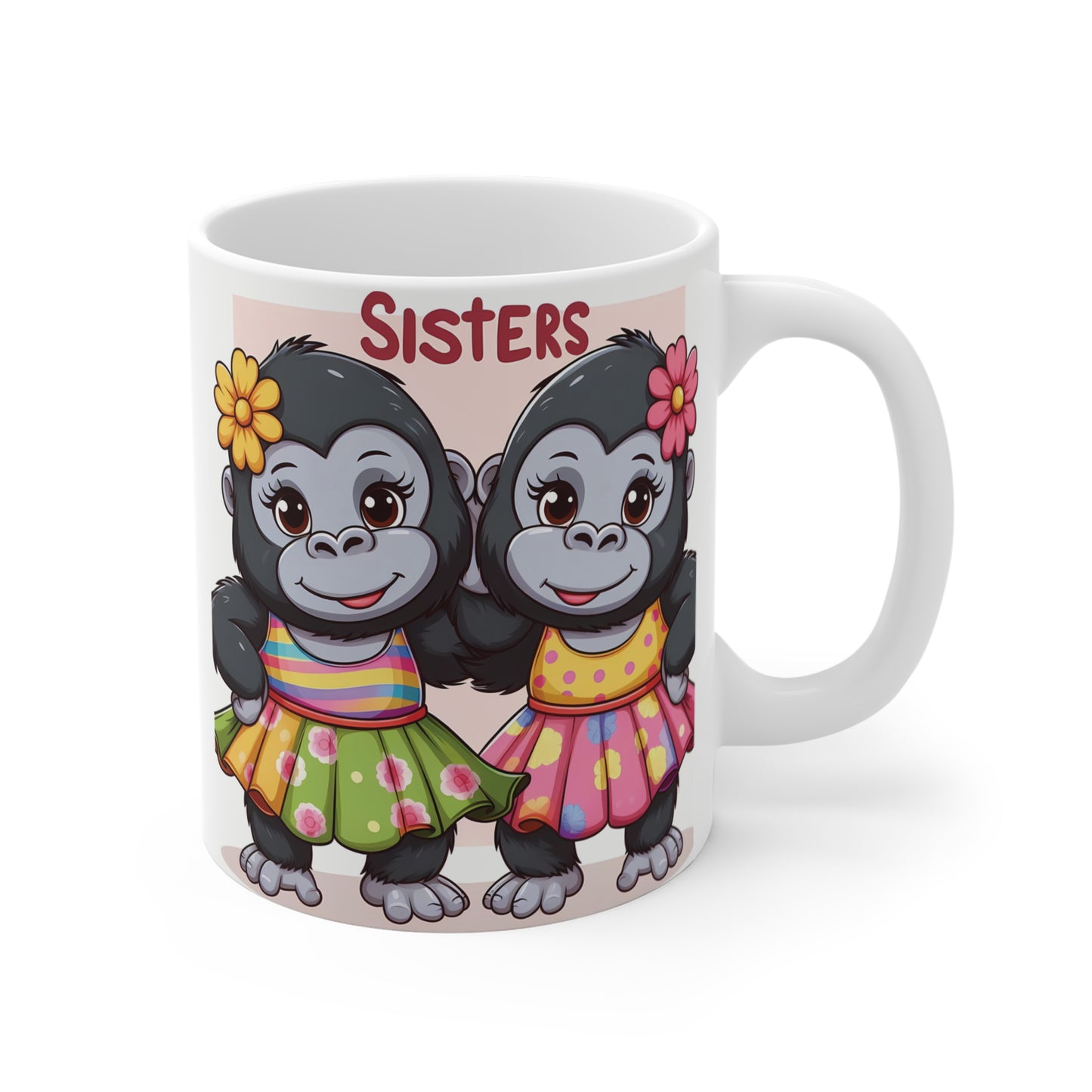 Cute sisters gorilla mug featuring adorable cartoon gorilla girls in colorful dresses, sweet sibling coffee mug gift for sisters