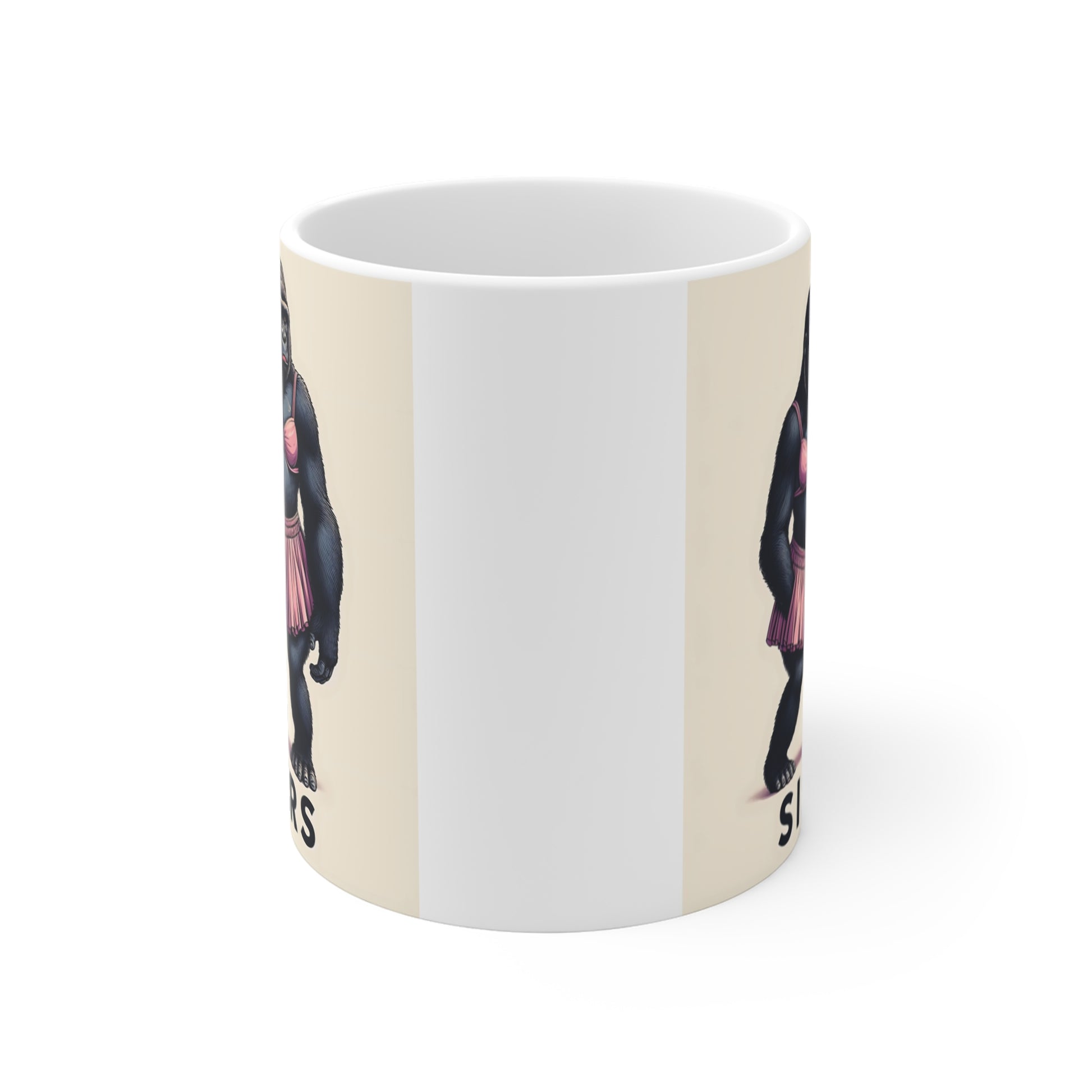 White ceramic sisters mug with two humorous gorillas dressed in pink outfits, funny sibling gift for women and animal lovers.