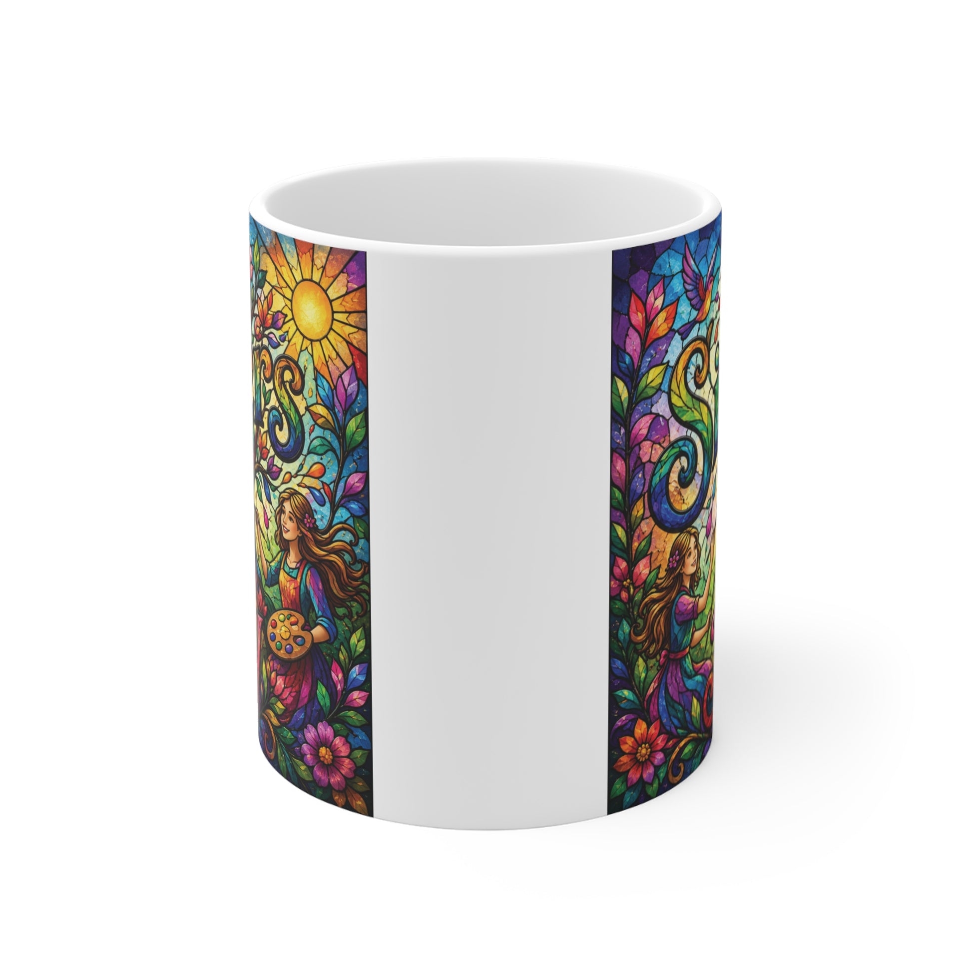 Vibrant stained glass style illustration on a white coffee mug showing two female artists painting under a bright sun and blooming tree.