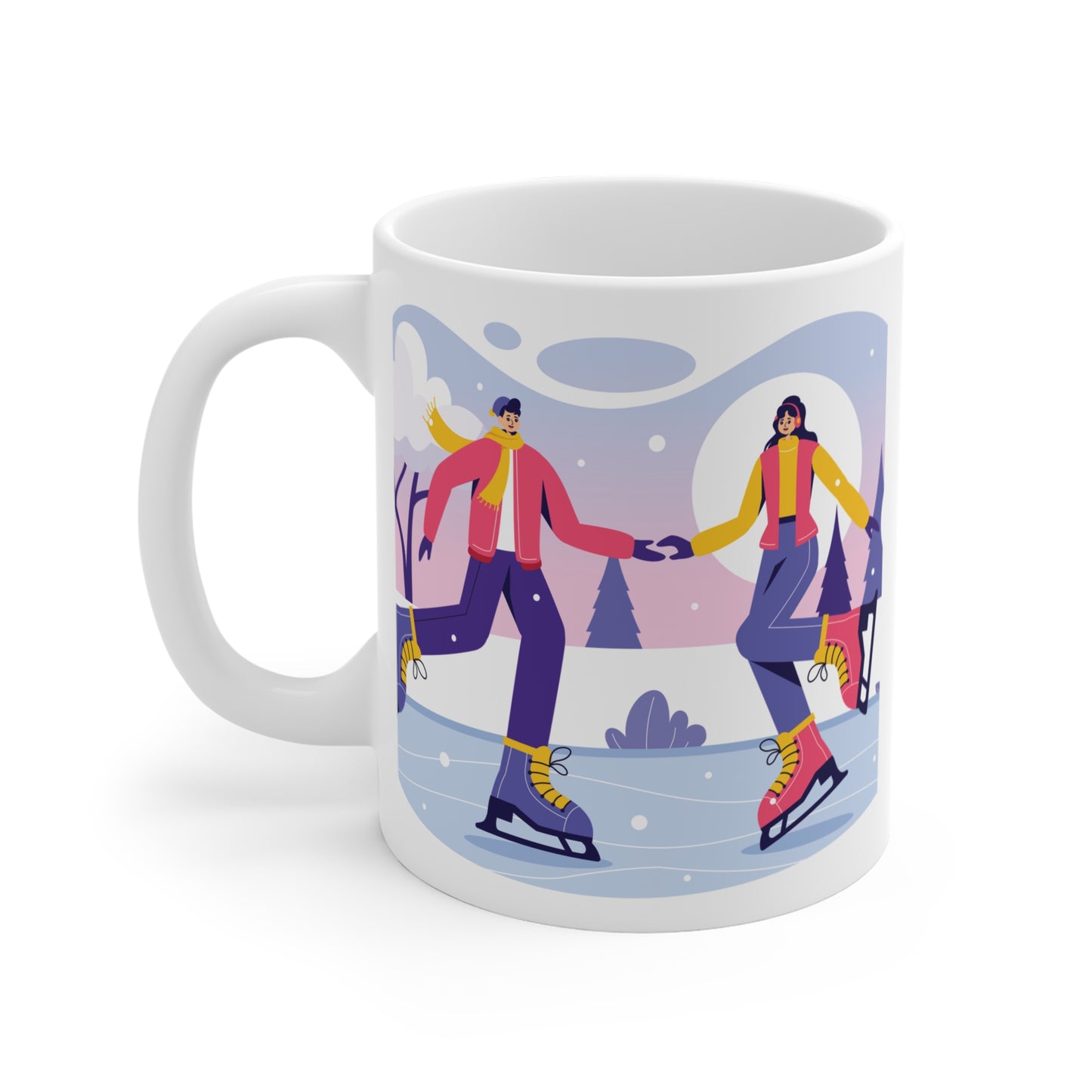 Winter themed coffee mug featuring couple ice skating and inspirational love quote, cozy seasonal gift idea