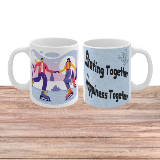Ice skating couple mug with winter scene illustration and quote ‘Skating Together Happiness Together’ romantic coffee mug design