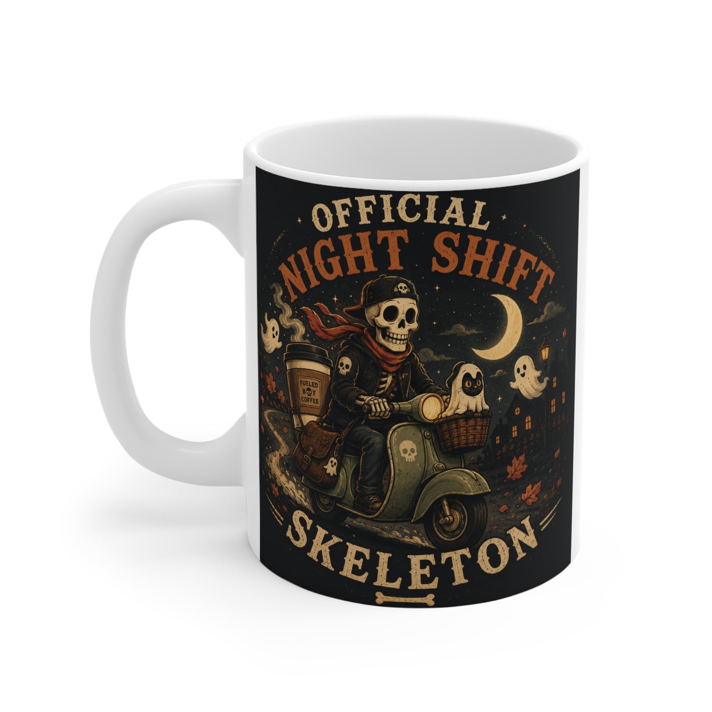 Funny Official Night Shift Skeleton coffee mug with retro skeleton biker illustration, vintage gothic design, ceramic 11oz mug for coffee lovers, Halloween fans, and night shift workers.