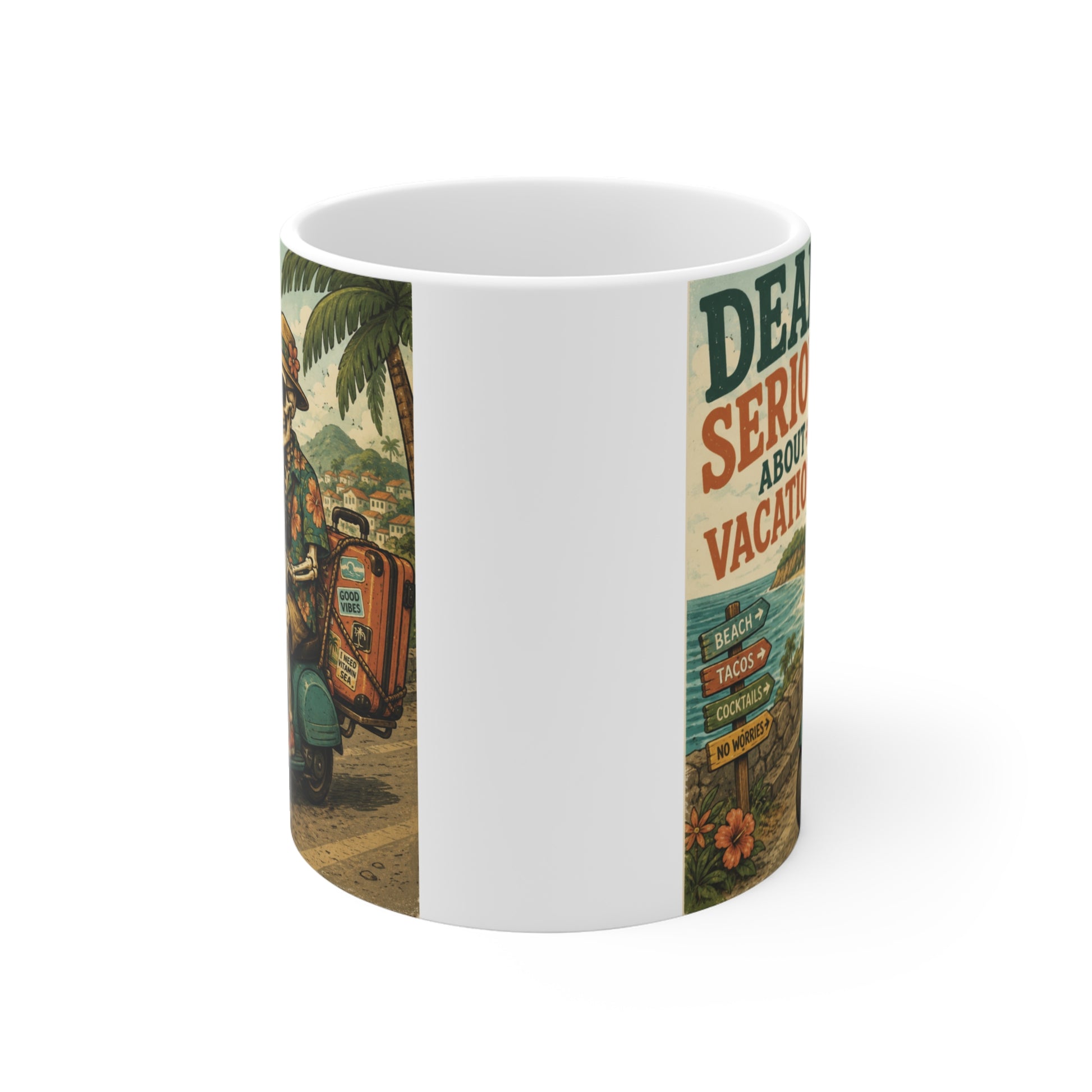 Funny vintage vacation skeleton mug with Out of Office tropical aesthetic, sunglasses, and travel suitcase on a classic 11oz white ceramic coffee cup.