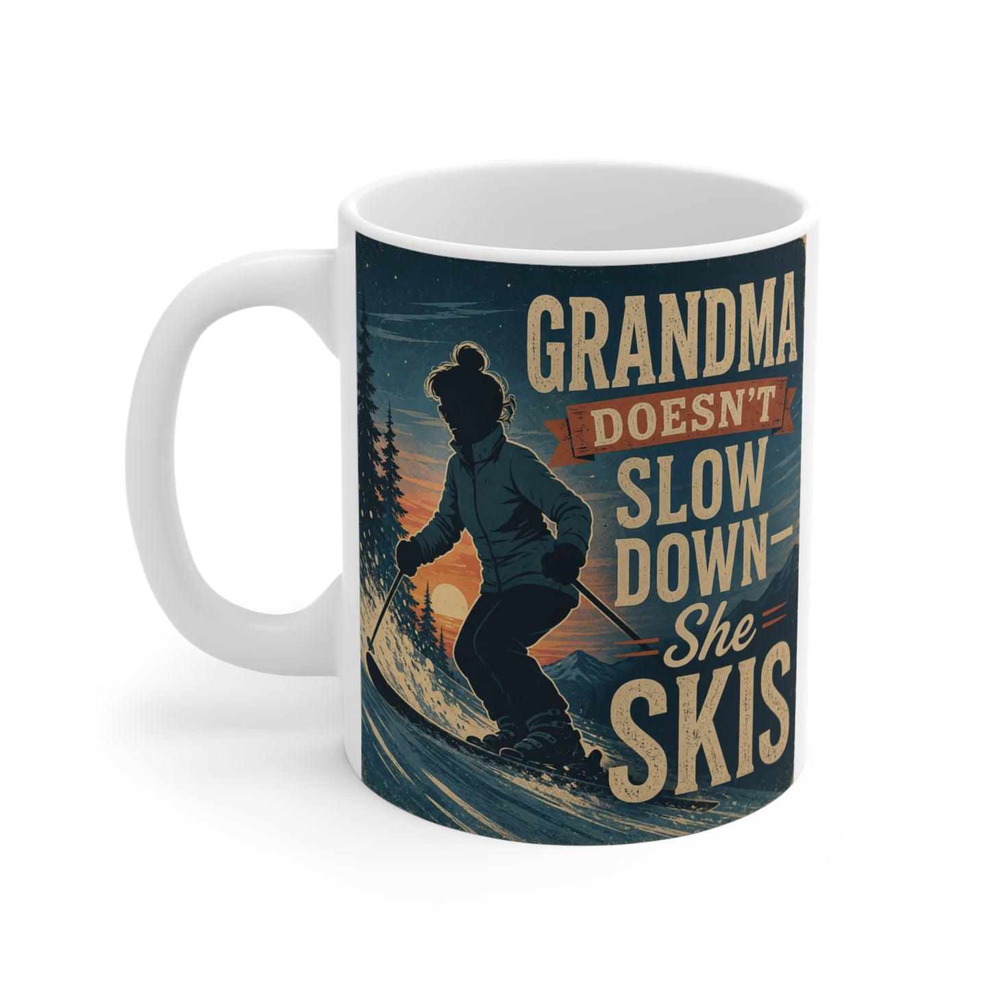 Funny Grandma skiing mug with vintage alpine design, perfect gift for ski lovers and winter adventure enthusiasts.