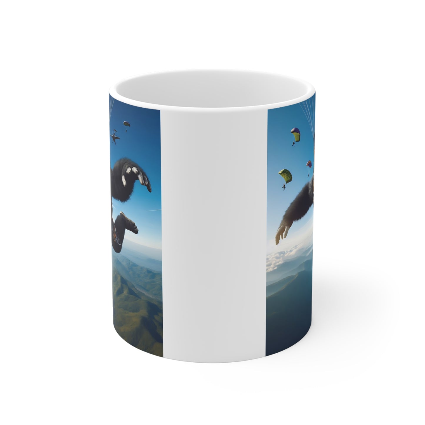 Adventure gorilla coffee mug with realistic skydiving gorilla artwork, parachutes, and scenic aerial landscape for thrill seekers and animal lovers