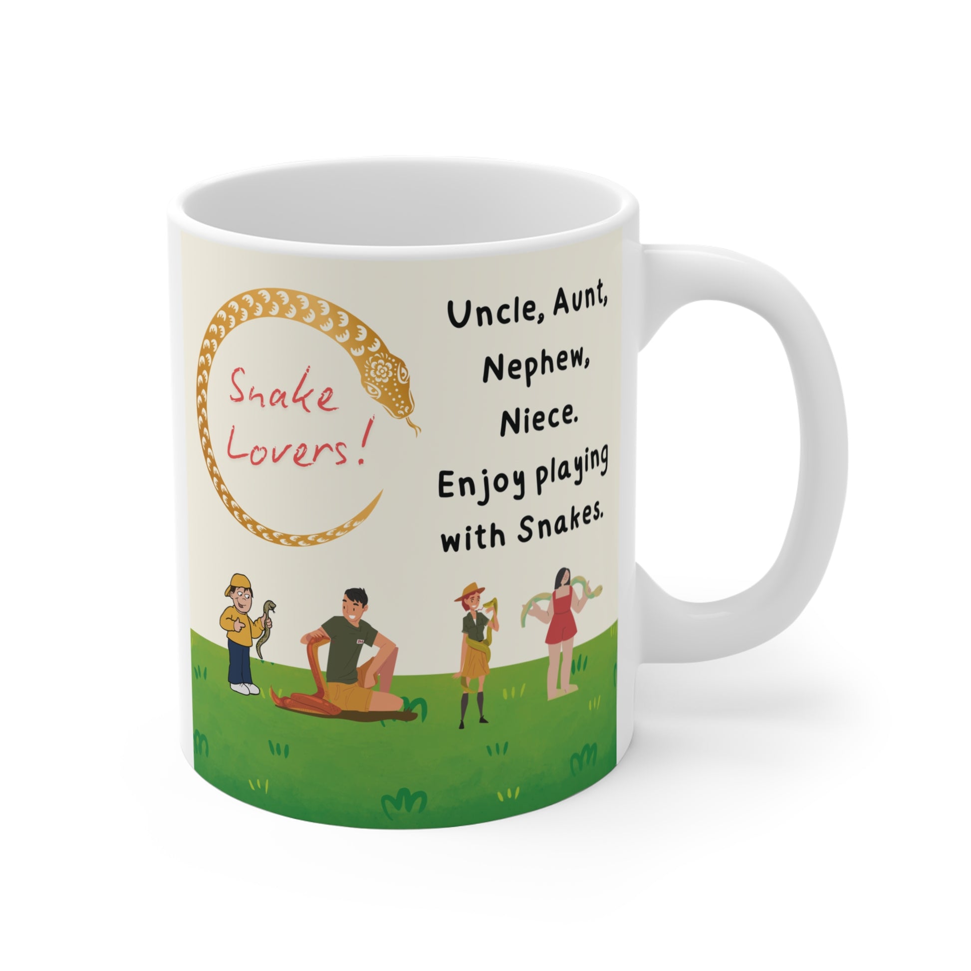 Funny snake lover mug with illustrated snakes and playful message, perfect gift for reptile hobbyists uncle aunt nephew niece
