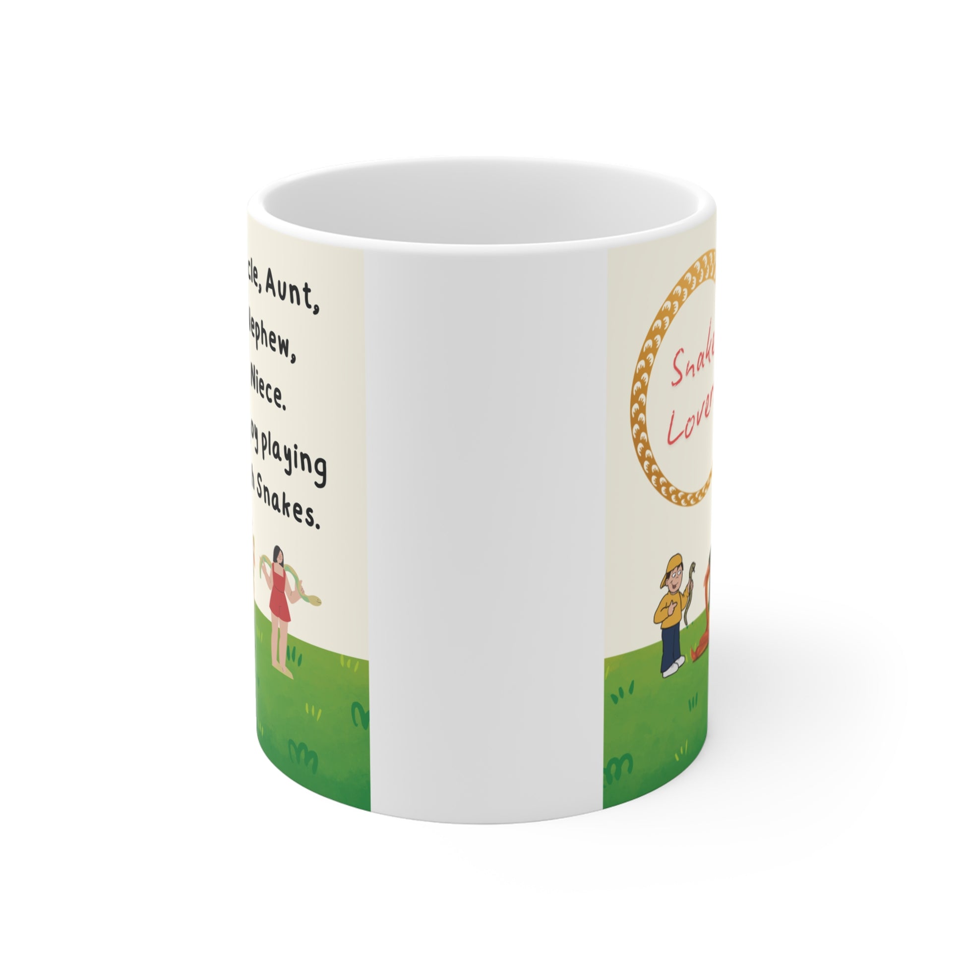 Cute snake themed mug featuring people handling snakes and quote for reptile lovers, unique gift for family snake enthusiasts