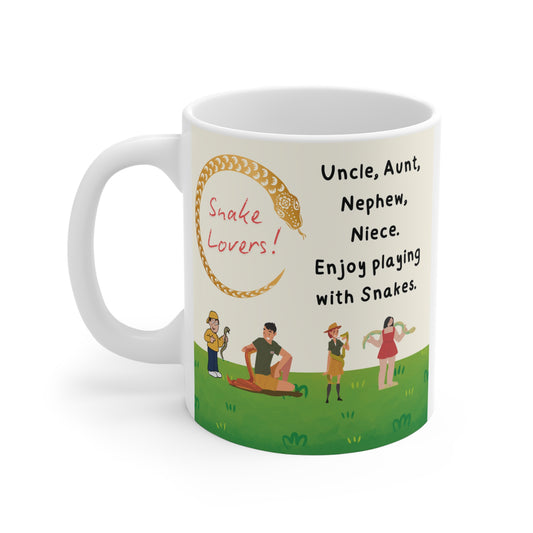 Snake lovers coffee mug with cartoon snake design and family text uncle aunt nephew niece enjoy playing with snakes gift