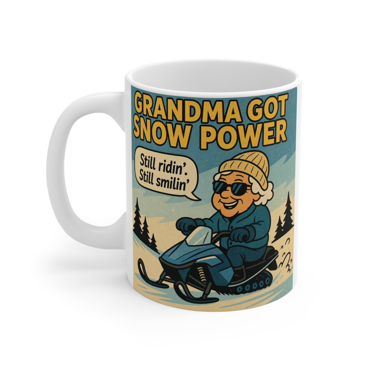 Grandma Got Snow Power 11oz mug with vintage cartoon grandma on snowmobile for winter gift