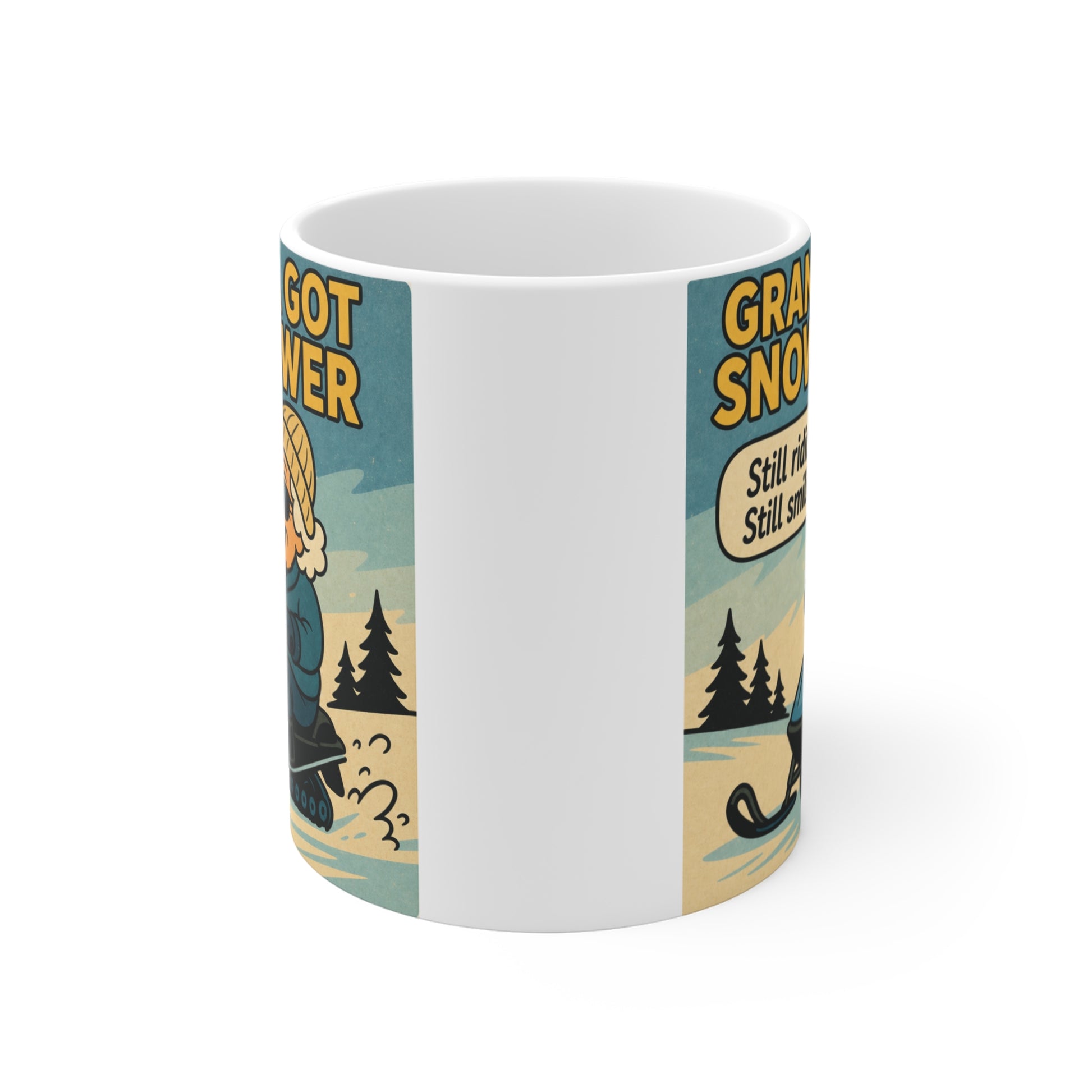 Funny winter coffee mug featuring a grandma riding a snowmobile with Still Ridin Still Smilin text