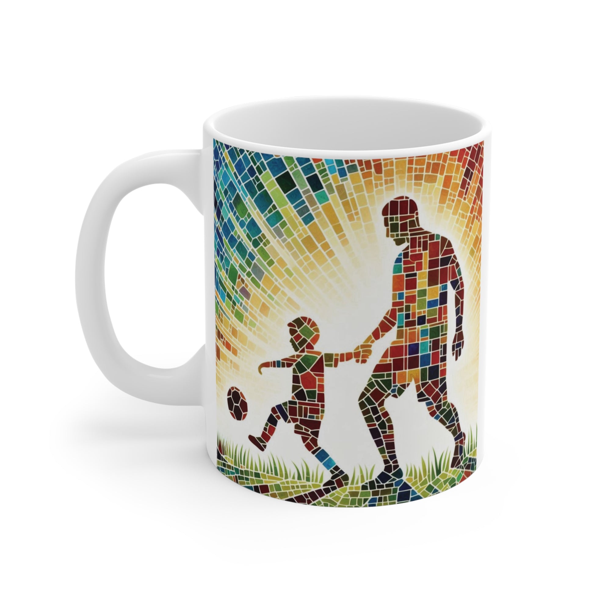 A white ceramic coffee mug featuring a stained-glass style mosaic illustration of a father and son playing soccer.