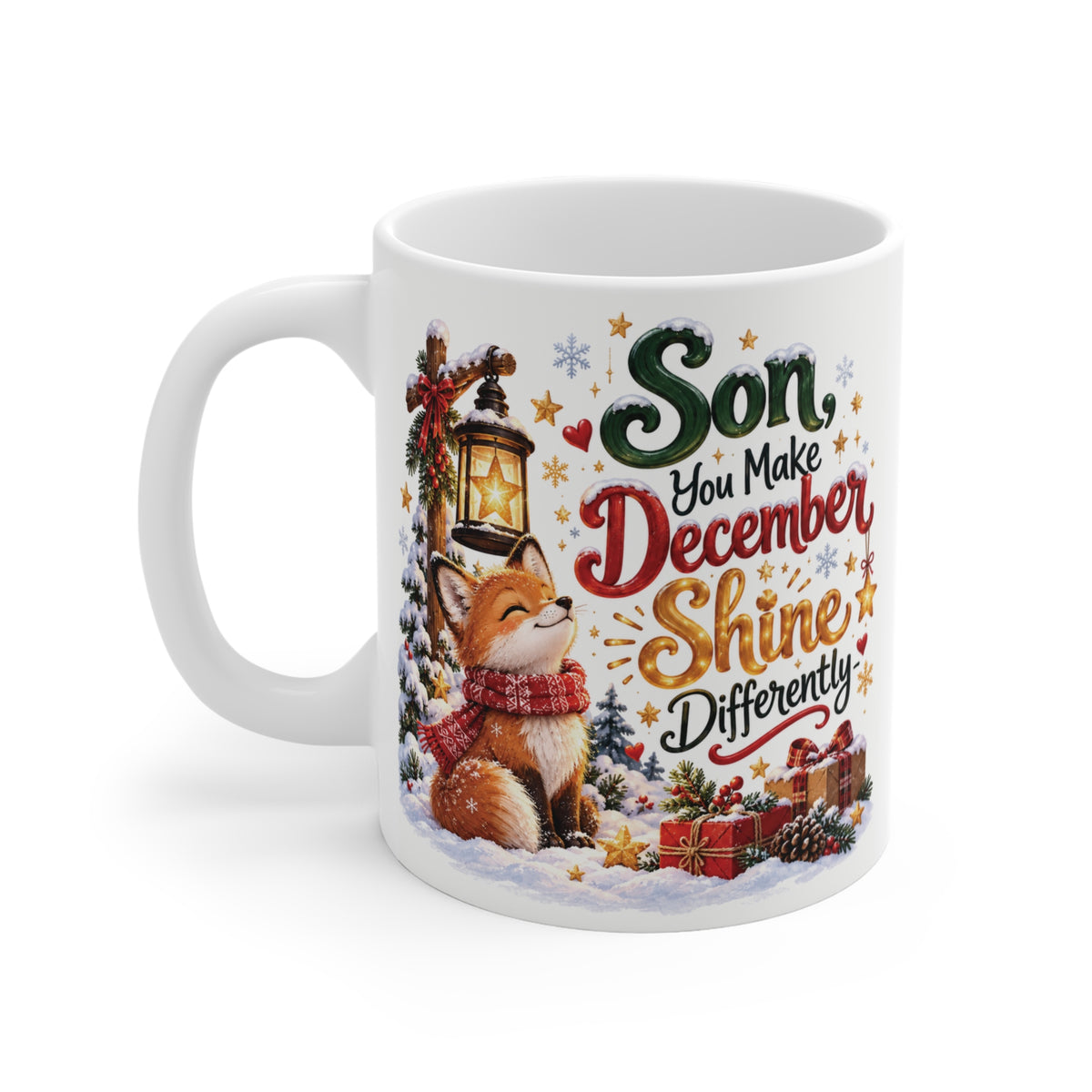 Festive 11oz ceramic Christmas mug featuring Son You Make December Shine Differently lettering, woodland fox illustration, and cozy winter scenery. Unique holiday gift for son.