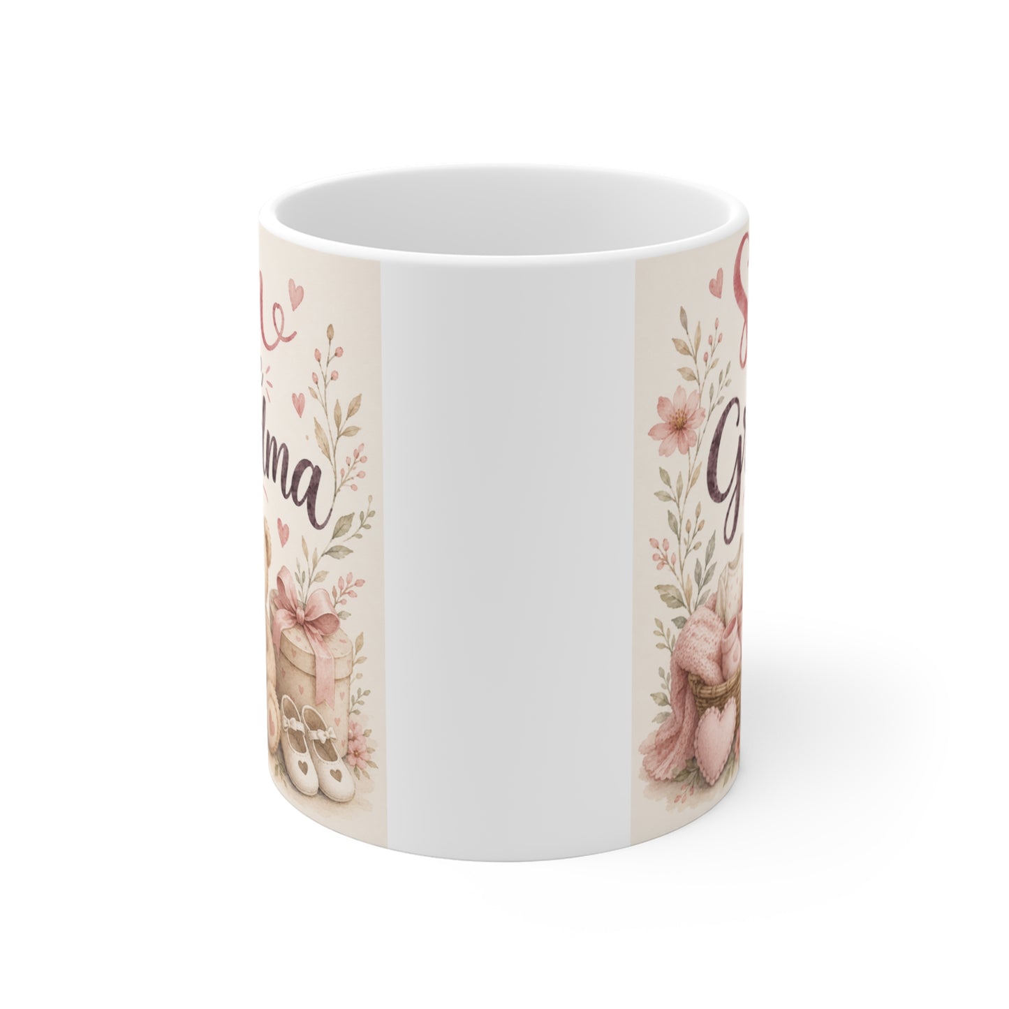 Pregnancy announcement coffee mug featuring Soon To Be Grandma text and adorable teddy bear illustration.