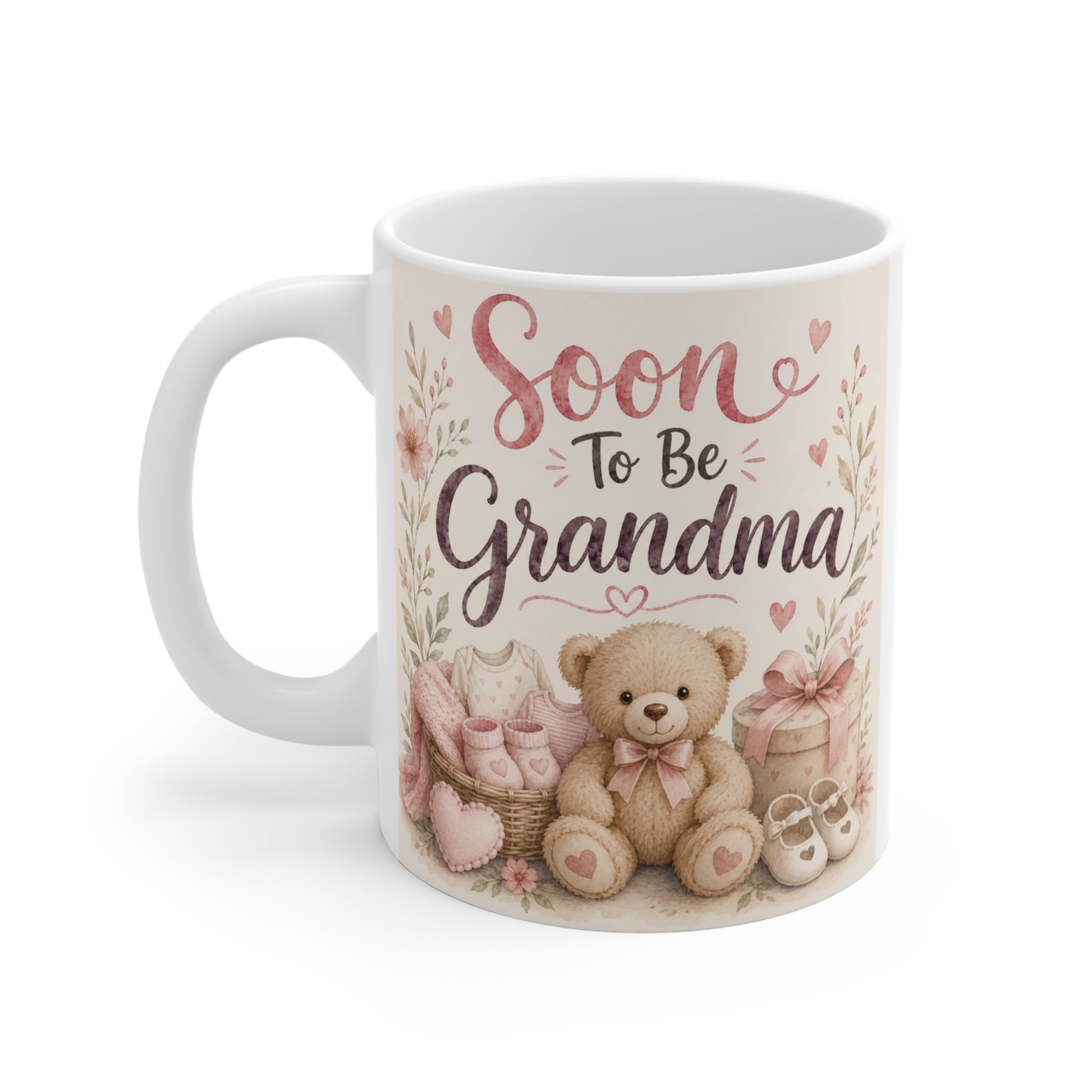 Grandma-to-be gift mug with soft watercolor baby accessories and teddy bear, perfect for a pregnancy reveal.