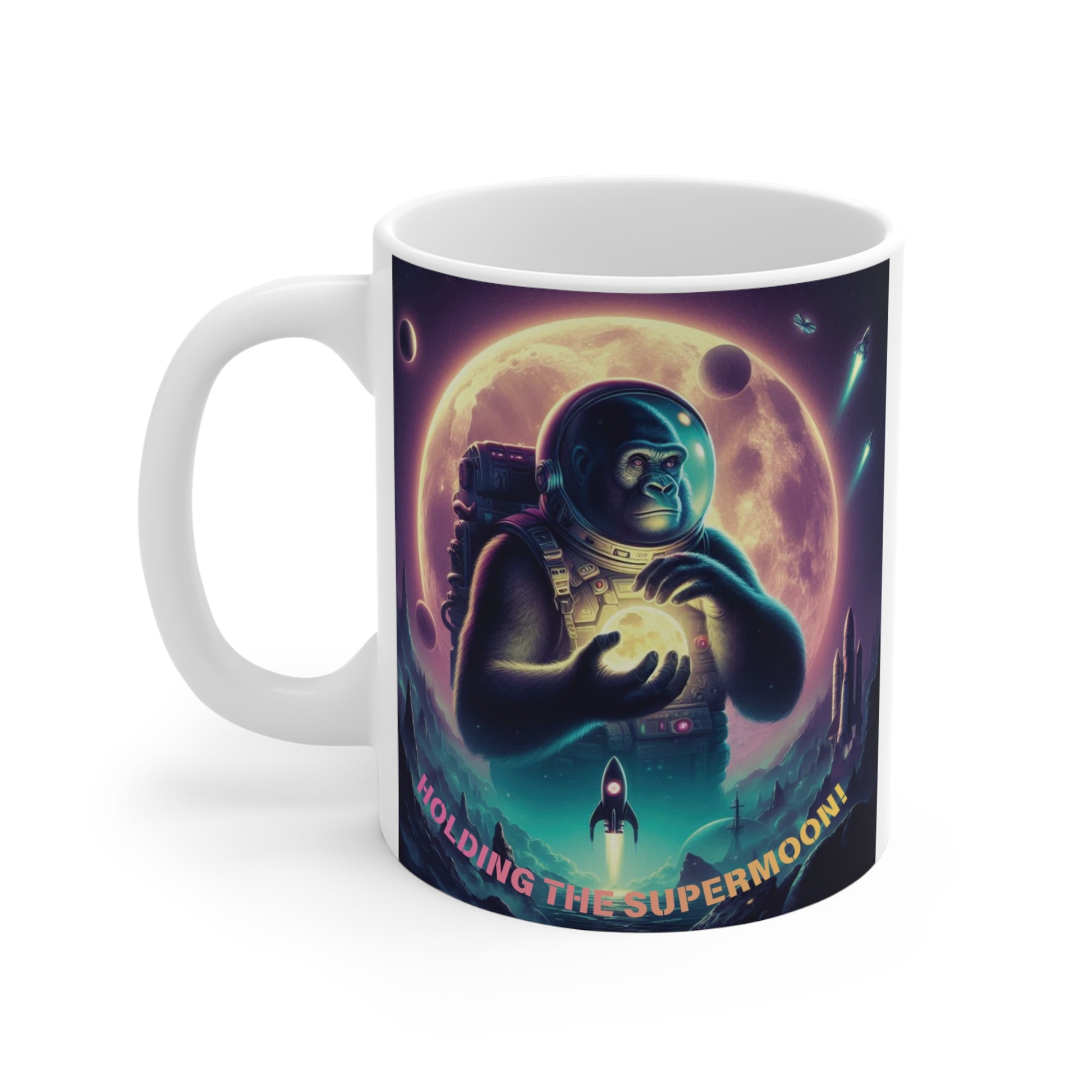 Gorilla astronaut holding supermoon galaxy coffee cup, unique space mug gift for sci-fi lovers