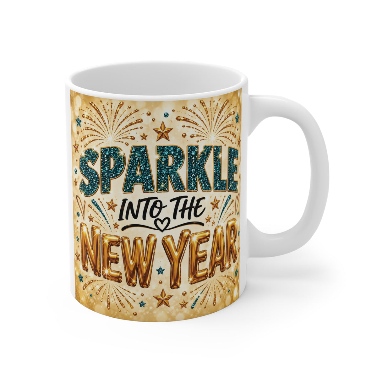 Sparkle Into the New Year 11oz mug with gold and teal glitter lettering, fireworks and festive stars.