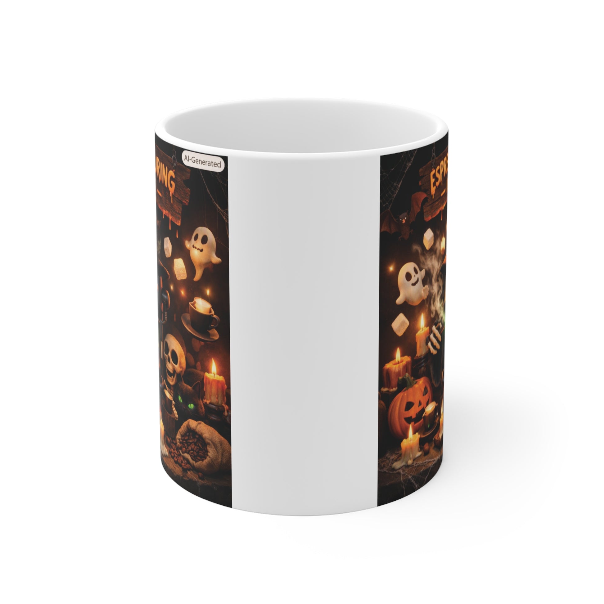 Espresso Conjuring In Progress ceramic coffee cup with witchy Halloween aesthetics, glowing candles, skulls, and a bubbling coffee cauldron.