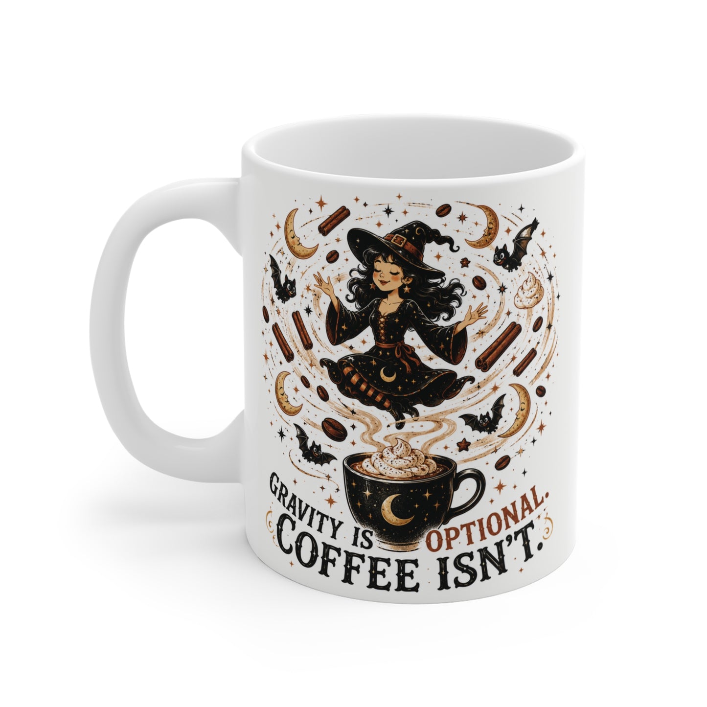 Cute levitating witch 11oz mug with floating coffee beans cinnamon sticks and funny coffee quote