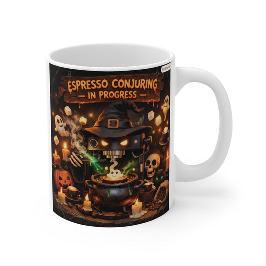 White 11oz coffee mug featuring a spooky Halloween "Espresso Conjuring In Progress" artwork with a witch's cauldron and espresso machine.