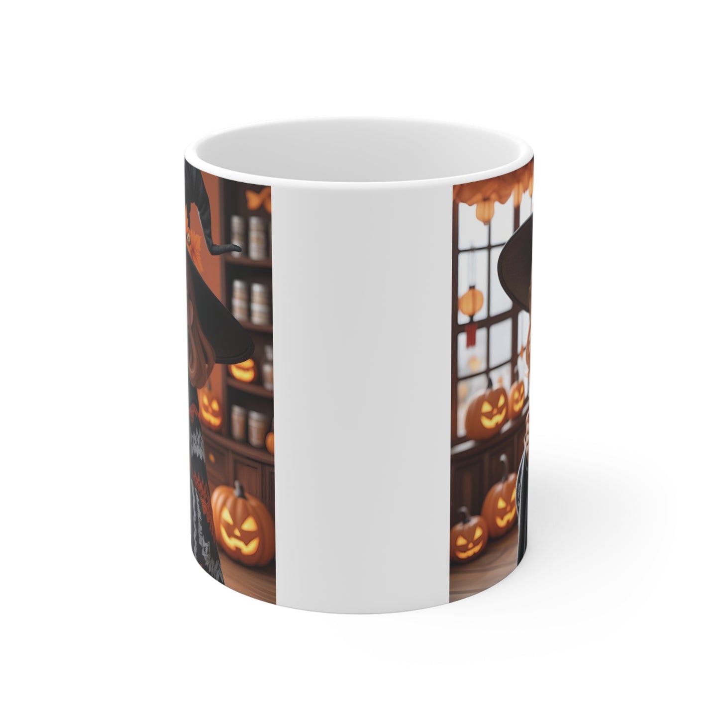 Cute witch pumpkin spice mug on a white background with autumn jack-o-lantern aesthetic background design.