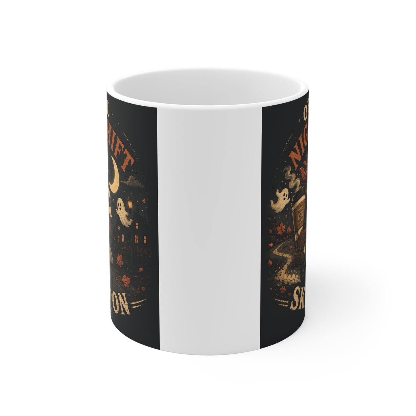 Official Night Shift Skeleton 11oz ceramic coffee mug featuring a vintage skeleton riding a retro scooter under the moon with gothic Halloween artwork and distressed typography.