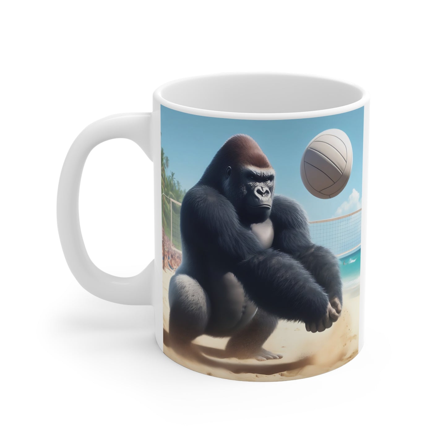 Tropical beach gorilla mug showcasing a muscular gorilla hitting a volleyball near the ocean, creative 11oz ceramic mug for sports fans and wildlife enthusiasts.