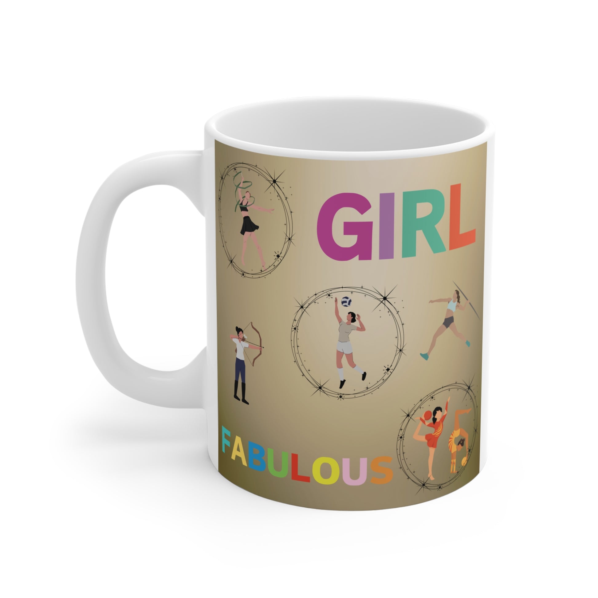 Girl fabulous mug with female athletes illustration including gymnastics, volleyball, archery and dance on gold background