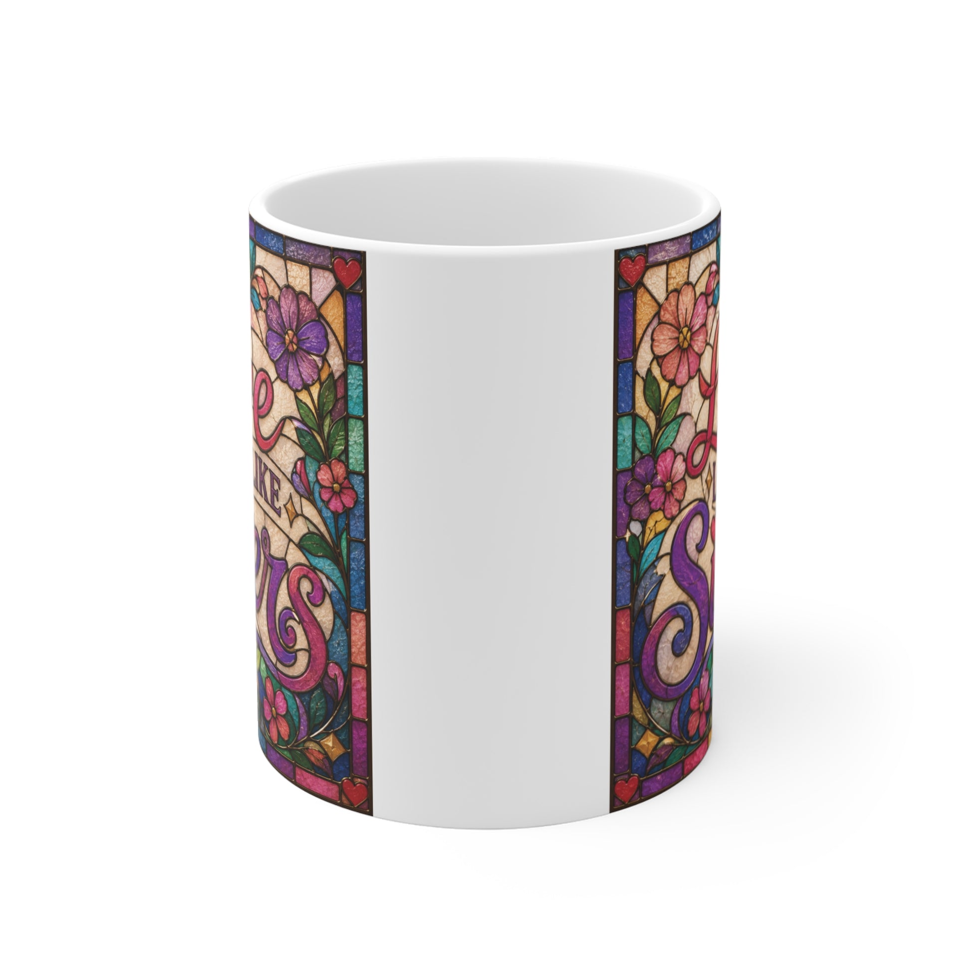 Colorful stained glass style sister coffee mug with floral artwork and the phrase "Love Looks Like Sisters," perfect as a birthday or Christmas gift for sisters.