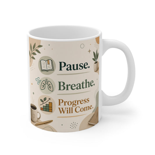 Inspirational coffee mug with “Pause Breathe Progress Will Come” quote in calming earthy tones