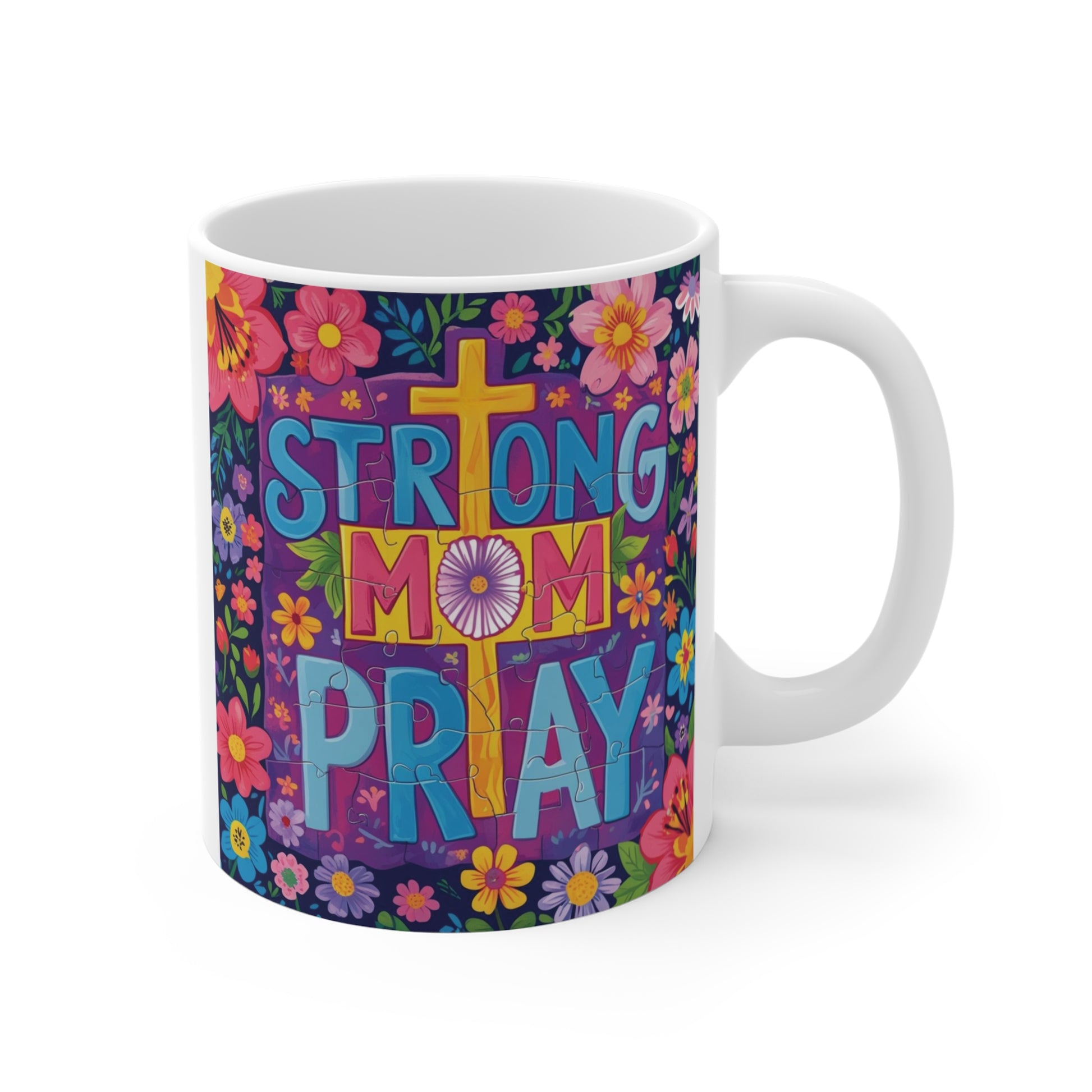 Strong Mom Pray mug with colorful floral design and cross, Christian coffee mug gift for mom, inspirational faith-based ceramic cup