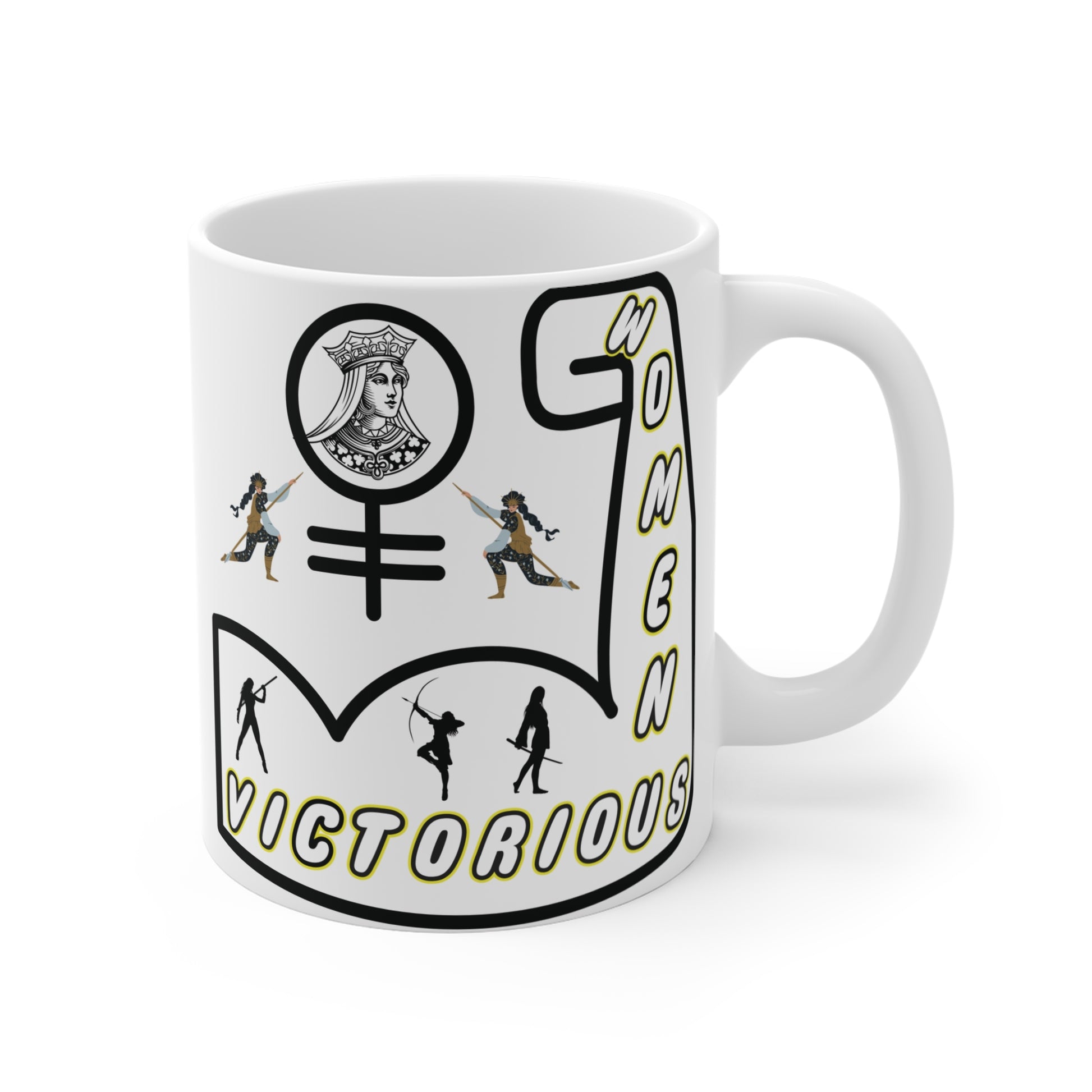 Feminist coffee mug with powerful woman symbols, strength and victory theme, motivational gift for women