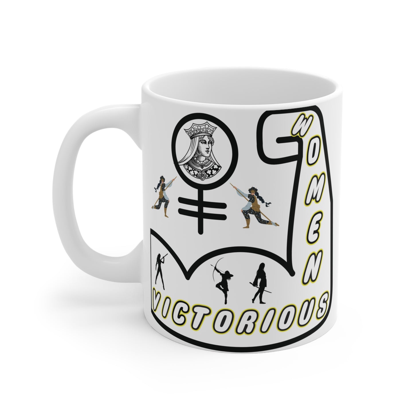 Inspirational women’s rights mug featuring female empowerment icons and ‘Strong Victorious’ message, gift for her