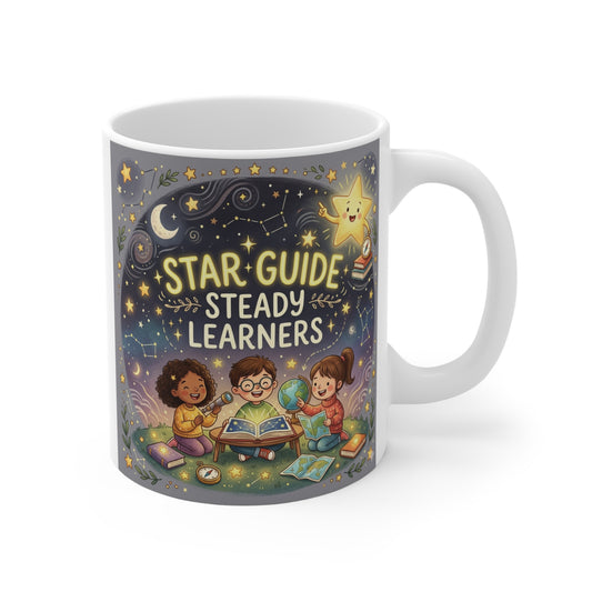 Cute 11oz ceramic mug featuring children reading under stars with the phrase “Star Guide Steady Learners” in a colorful educational space-themed design.