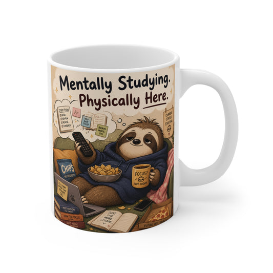 Funny sloth coffee mug featuring "Mentally Studying, Physically Here" text with a sloth in a hoodie on a couch.
