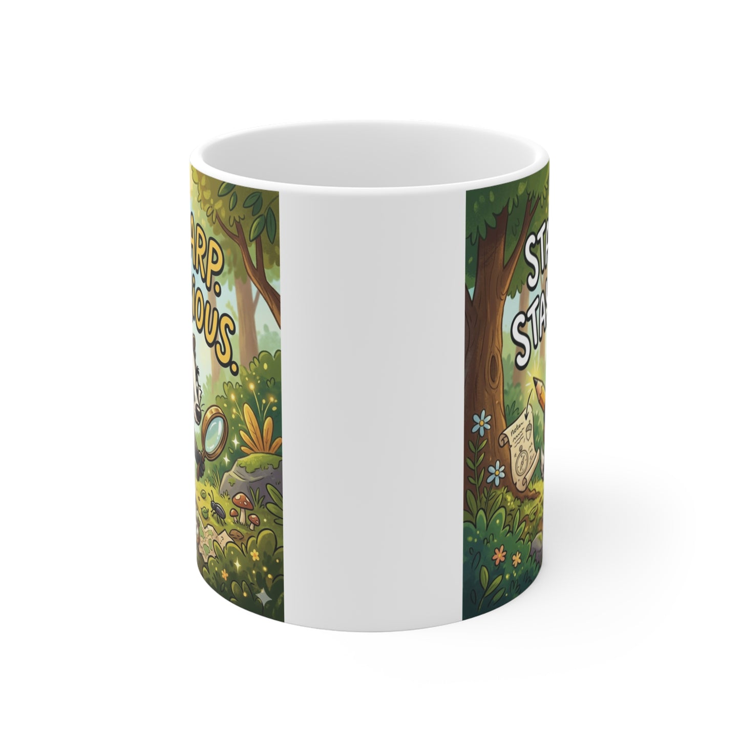 Funny woodland raccoon motivational 11oz mug with colorful forest illustration